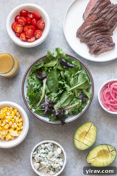 Prepped ingredients for grilled steak salad.