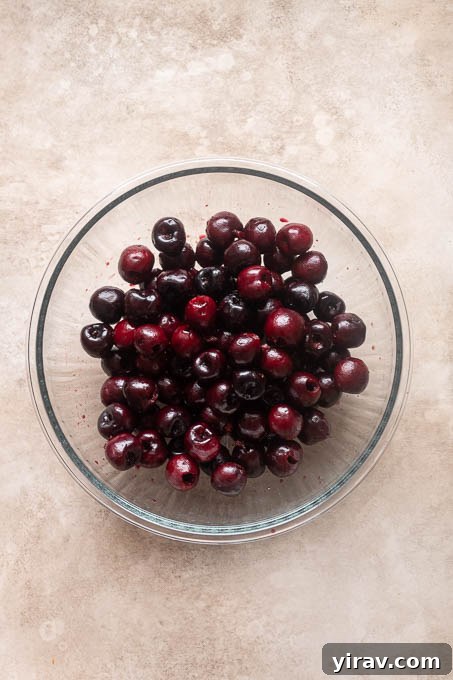 Pitted cherries for fresh cherry crisp.