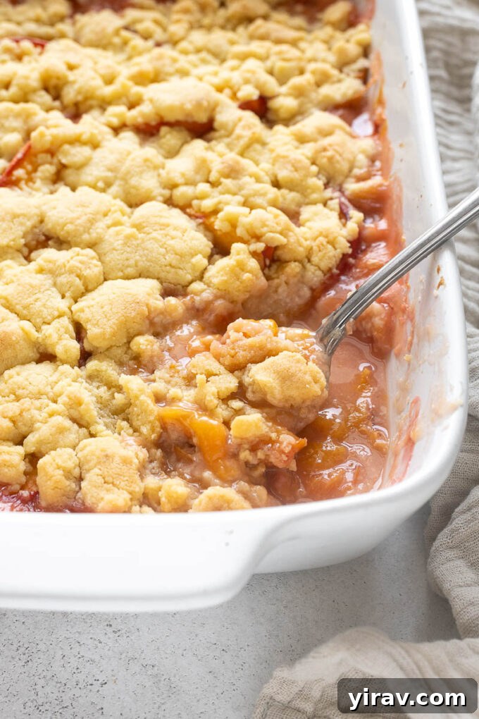 Fresh Peach Cobbler Recipe with Golden Biscuit Topping 3 Peach cobbler in baking dish with serving spoon digging in.