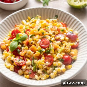 Summer Peach, Tomato and Corn Salad with Basil 11 Peach tomato corn salad with grilled corn, cherry tomatoes, fresh peaches and basil.