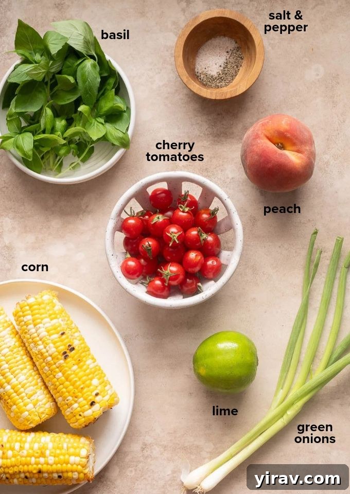 Summer Peach, Tomato and Corn Salad with Basil 4 Ingredients for peach tomato corn salad recipe.