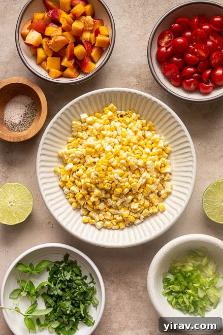 Summer Peach, Tomato and Corn Salad with Basil 6 Prepped ingredients for peach tomato corn salad recipe.