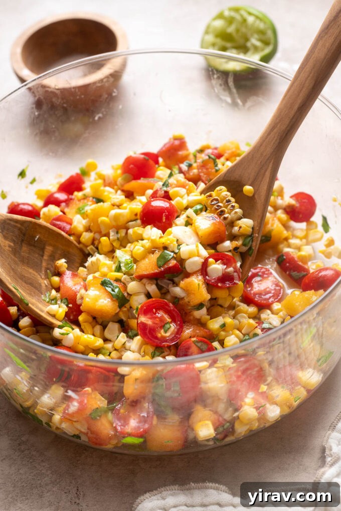 Summer Peach, Tomato and Corn Salad with Basil 9 Fresh peach tomato corn salad tossed with grilled corn, basil, green onion and lime juice in a glass bowl.