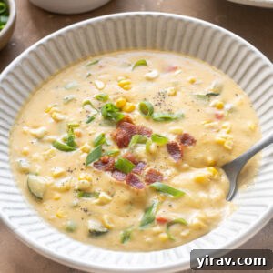 Creamy Zucchini and Corn Chowder with Crispy Bacon 7 Zucchini corn chowder with bacon in a bowl with spoon digging in.