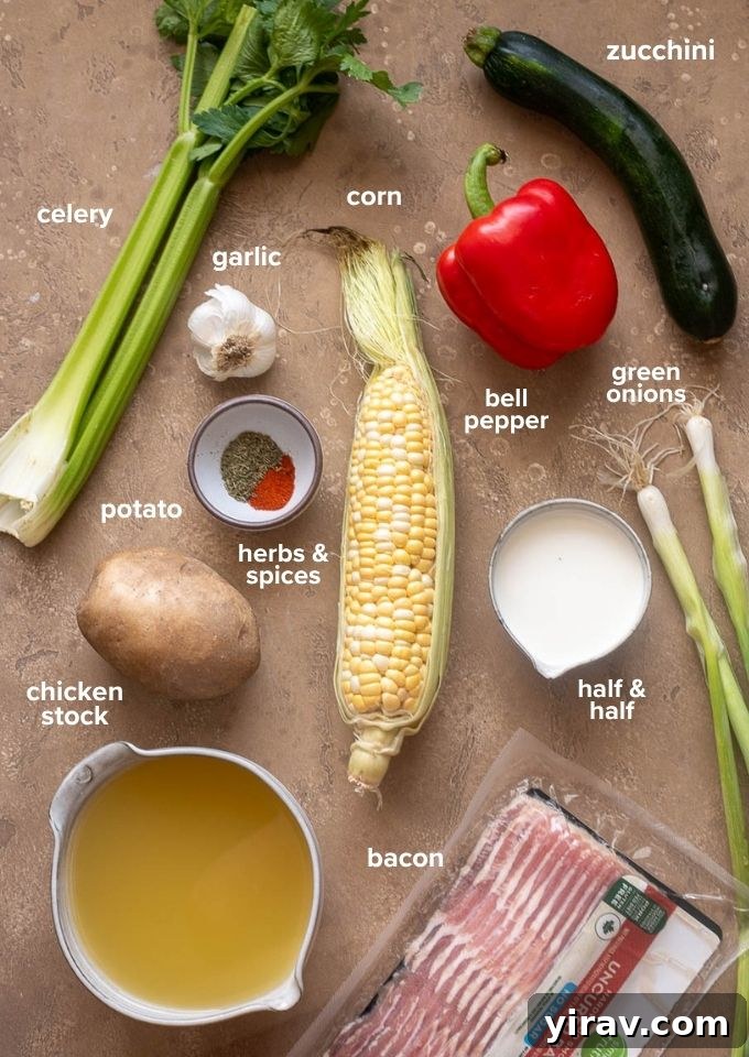 Creamy Zucchini and Corn Chowder with Crispy Bacon 4 Ingredients for corn chowder with zucchini and bacon.